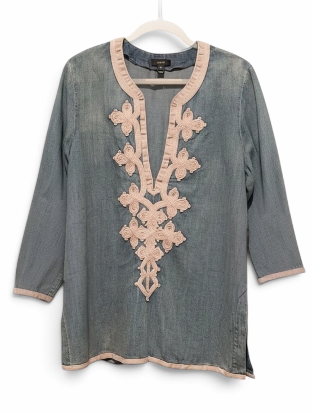 J. Crew Denim Chambray V-Neck Tunic with Cream Intricate Embroidery Size 12 NWT